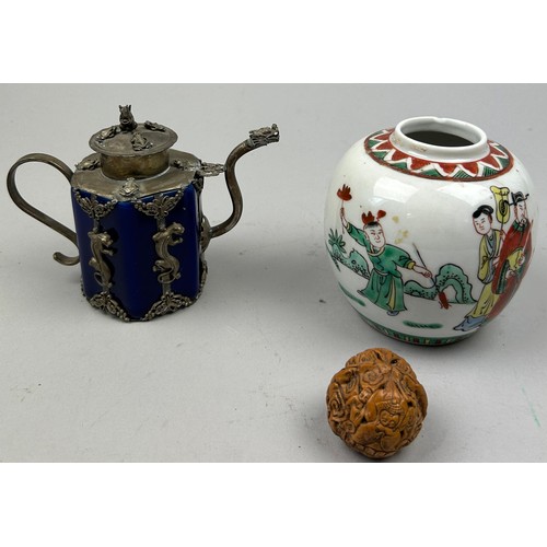 75 - A 19TH CENTURY CHINESE PORCELAIN GINGER JAR, a Chinese carved 'thousand faces walnut', and a blue ce... 