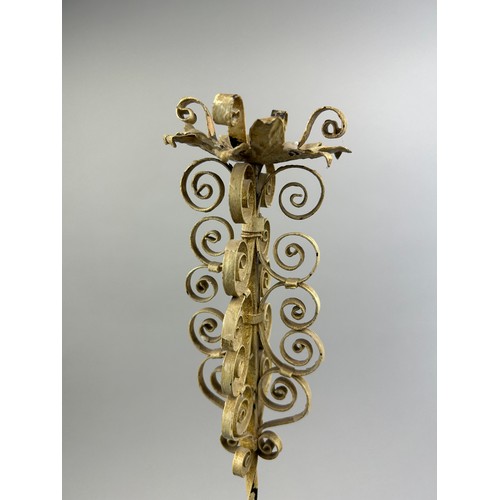 213 - A PAIR OF CANDLESTICKS, painted metal with scrolling decoration (2)

58cm in height each