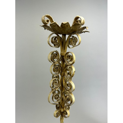 213 - A PAIR OF CANDLESTICKS, painted metal with scrolling decoration (2)

58cm in height each