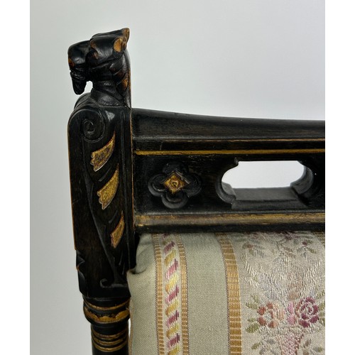 181 - AN AESTHETIC MOVEMENT EBONISED SIDE CHAIR OF GOTHIC DESIGN, with pierced back rail of shaped arches ... 