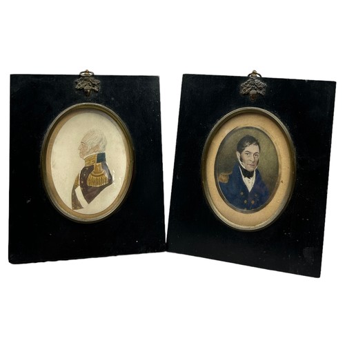 118 - TWO MINIATURE WATERCOLOURS ON PAPER OF MILITARY GENTLEMAN, mounted in ebonised frames with acorn app... 