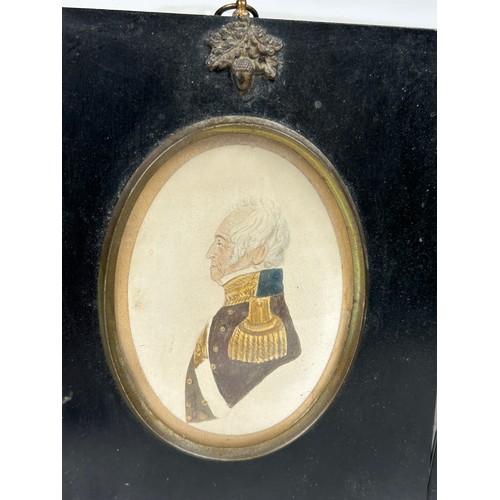 118 - TWO MINIATURE WATERCOLOURS ON PAPER OF MILITARY GENTLEMAN, mounted in ebonised frames with acorn app... 