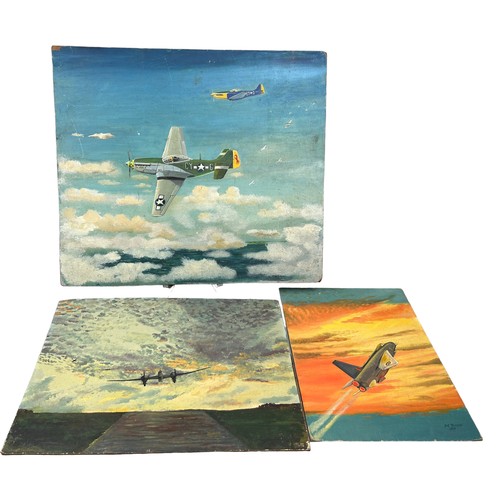 143 - THREE OIL ON BOARD PAINTINGS OF MILITARY AIRCRAFTS, 

To include one of the 'Millie G' fighter plane... 