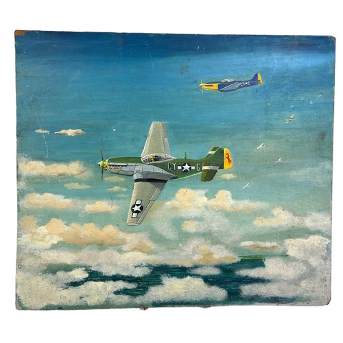 143 - THREE OIL ON BOARD PAINTINGS OF MILITARY AIRCRAFTS, 

To include one of the 'Millie G' fighter plane... 