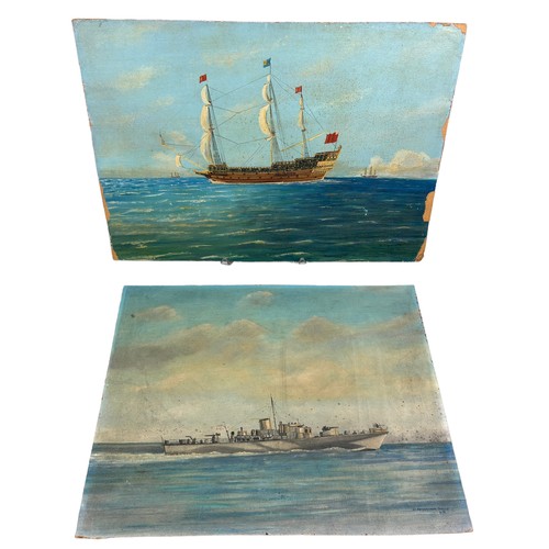 144 - TWO OIL ON BOARD PAINTINGS OF WAR SHIPS

Largest 50cm x 34cm