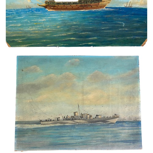 144 - TWO OIL ON BOARD PAINTINGS OF WAR SHIPS

Largest 50cm x 34cm