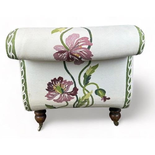 183 - A VICTORIAN CHAISE LOUNGE UPHOLSTERED IN CONTEMPORARY FABRIC OF FOLIATE DESIGN, raised on baluster l... 