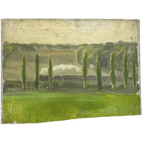 142 - MARJORIE SHERLOCK (1897-1973) OIL ON BOARD OF A STEAM TRAIN MOVING PAST CYPRESS TREES,

Label to ver... 