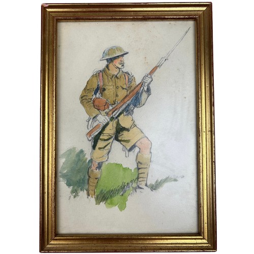 115 - A PENCIL AND WATERCOLOUR ON PAPER OF A BRITISH SOLDIER IN UNIFORM CARRYING A RIFLE, 

Mounted in a f... 