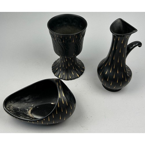 226 - ALBERT HALLAM FOR BESWICK POTTERY: THREE CERAMIC VESSELS IN BLACK AND GOLD (3)