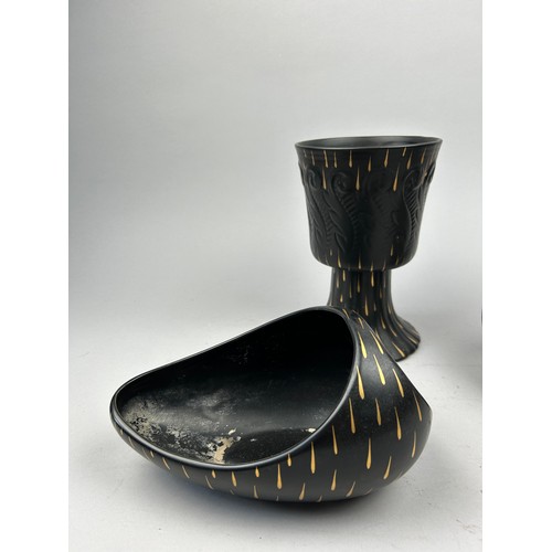 226 - ALBERT HALLAM FOR BESWICK POTTERY: THREE CERAMIC VESSELS IN BLACK AND GOLD (3)