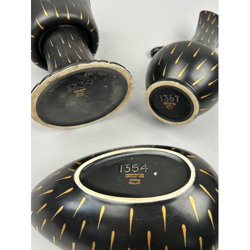 226 - ALBERT HALLAM FOR BESWICK POTTERY: THREE CERAMIC VESSELS IN BLACK AND GOLD (3)