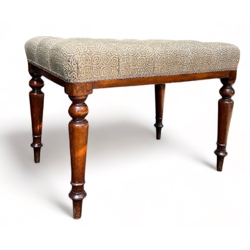 178 - A VICTORIAN HEARTH STOOL WINDOW SEAT, button back neutral upholstered seat raised on four turned leg... 