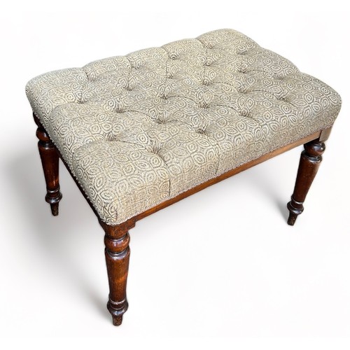 178 - A VICTORIAN HEARTH STOOL WINDOW SEAT, button back neutral upholstered seat raised on four turned leg... 