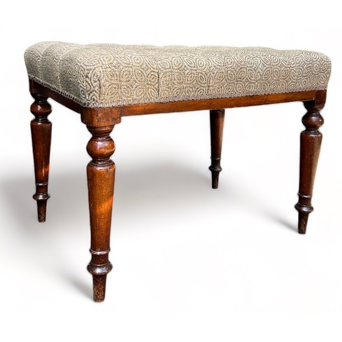 178 - A VICTORIAN HEARTH STOOL WINDOW SEAT, button back neutral upholstered seat raised on four turned leg... 