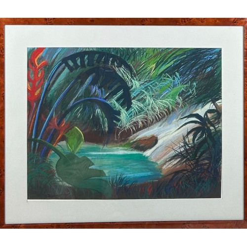 150 - CHRIS GILBERT (BRITISH) AN ORIGINAL PASTEL WORK OF A RAINFOREST, mounted in a walnut frame and glaze... 