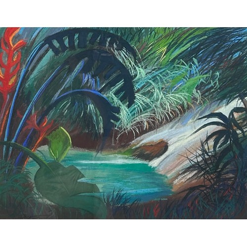 150 - CHRIS GILBERT (BRITISH) AN ORIGINAL PASTEL WORK OF A RAINFOREST, mounted in a walnut frame and glaze... 