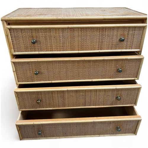 195 - A LARGE BAMBOO CHEST OF DRAWERS, 

Four cane sliding drawers. 

90cm x 90cm x 45cm