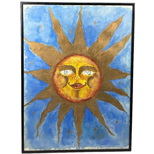 138 - A WATERCOLOUR ON PAPER OF A SMILING AND RADIANT SUN, 

Mounted in a frame and glazed

77cm x 55cm