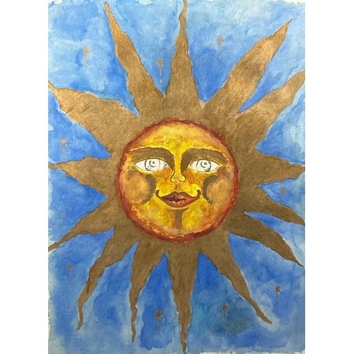 138 - A WATERCOLOUR ON PAPER OF A SMILING AND RADIANT SUN, 

Mounted in a frame and glazed

77cm x 55cm