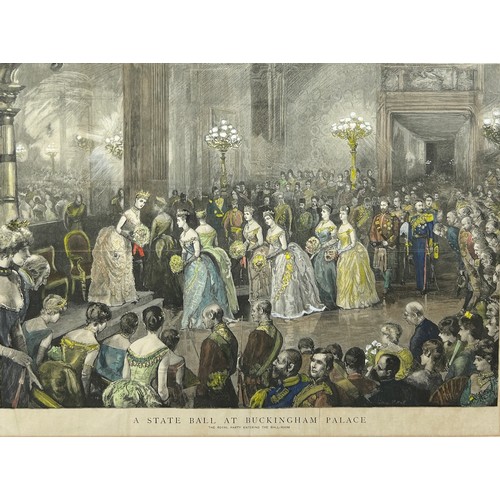 108 - A LARGE COLOURED PRINT OF 'A STATE BALL AT BUCKINGHAM PALACE', depicting the Royal party entering th... 