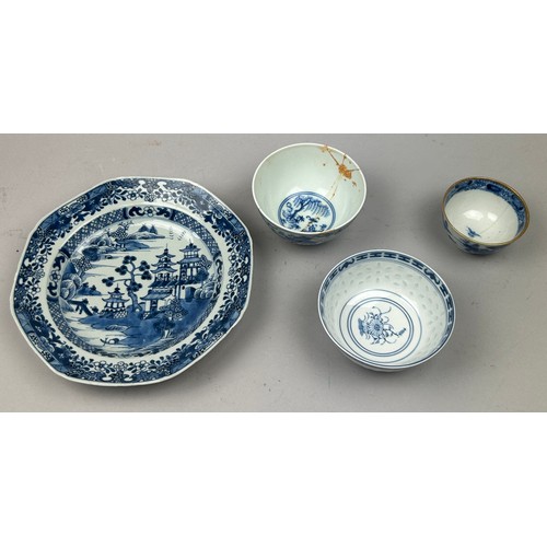 70 - A GROUP OF 18TH AND 19TH CENTURY CHINESE PORCELAIN BLUE AND WHITE BOWLS AND DISH (4) 

One with mark... 