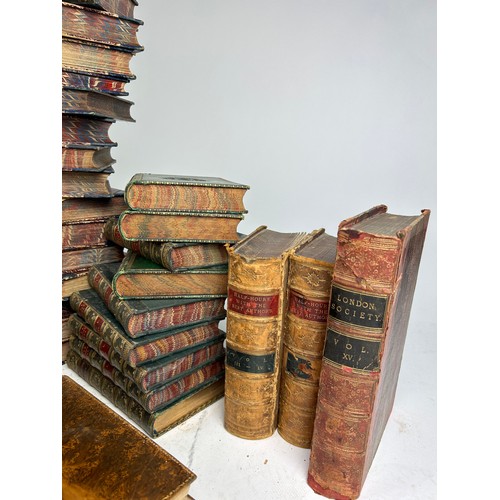 26 - DECORATIVE BINDINGS: A LARGE QUANTITY OF LEATHER BOUND BOOKS, along with some cloth bound. 

Various... 