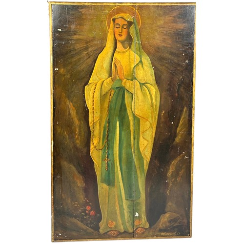 151 - AN OIL ON WOOD RELIGIOUS PAINTING OF THE MADONNA

84cm x 50cm