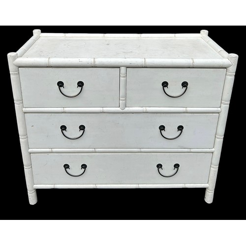 185 - AN OKA FAUX BAMBOO AND RATTAN CHEST IN WHITE, 

Two short over two long drawers with faux bamboo det... 