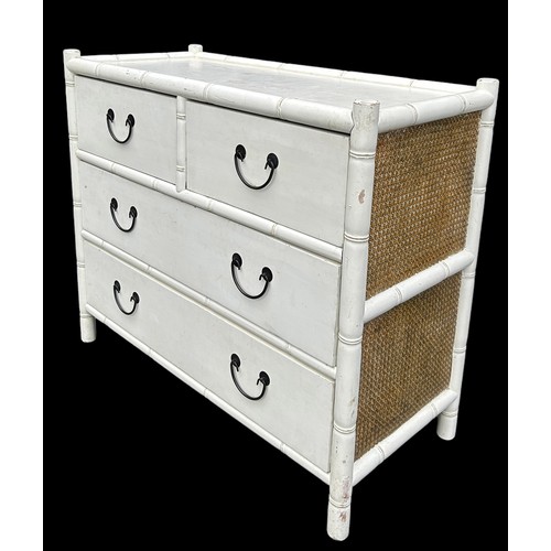 185 - AN OKA FAUX BAMBOO AND RATTAN CHEST IN WHITE, 

Two short over two long drawers with faux bamboo det... 