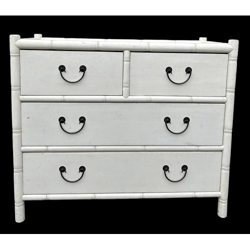 185 - AN OKA FAUX BAMBOO AND RATTAN CHEST IN WHITE, 

Two short over two long drawers with faux bamboo det... 