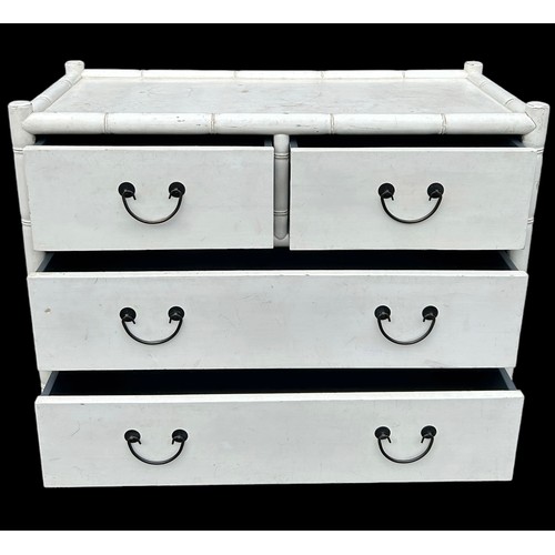 185 - AN OKA FAUX BAMBOO AND RATTAN CHEST IN WHITE, 

Two short over two long drawers with faux bamboo det... 