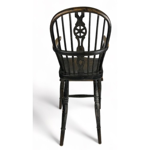 182 - AN EARLY 20TH CENTURY CHILDS CHAIR, ash with spindle back, raised on four legs