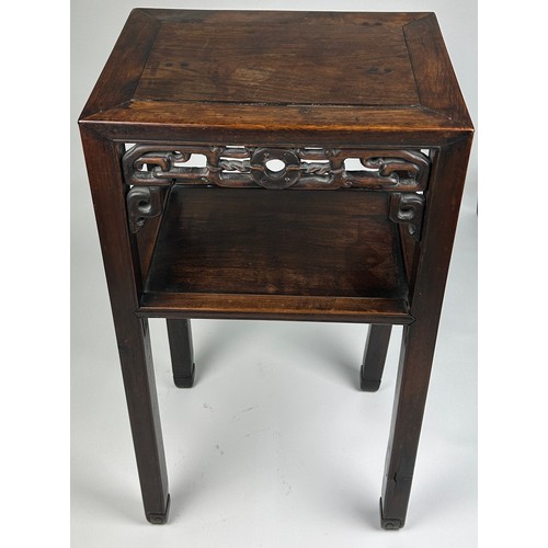 79 - AN EARLY 19TH CENTURY CHINESE ROSEWOOD TWO TIER TABLE, with intricate fretwork raised on four legs.
... 