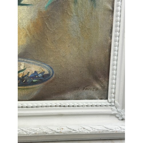 171 - AN OIL ON CANVAS STILL LIFE OF BLUE FLOWERS IN A VASE, mounted in a white frame. 

Signed indistinct... 