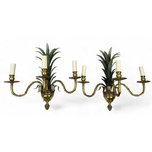 216 - ATTRIBUTED TO MAISON CHARLES A PAIR OF HOLLYWOOD REGENCY TOLEWARE AND BRASS PINEAPPLE WALL SCONCES, ... 