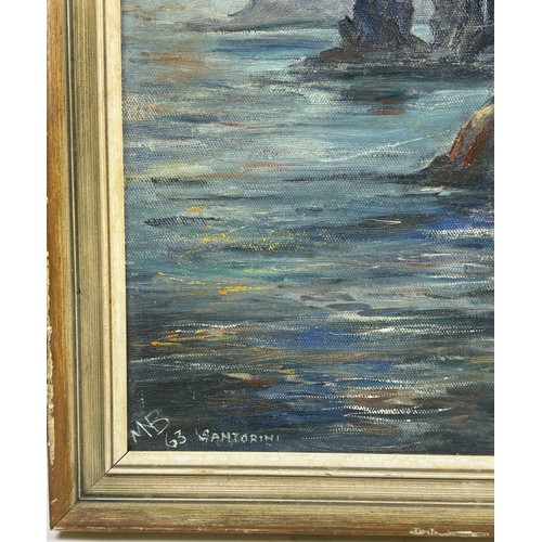 169 - AN OIL ON CANVAS PAINTING OF SANTORINI, 

By a Mrs M.N Brown RSA, signed initials and dated 1963 

L... 