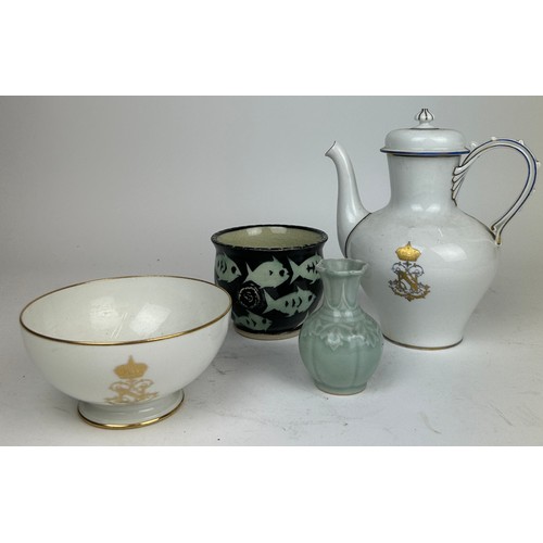 235 - A MIXED LOT OF CHINA, to include Sevres Dorea teapot and sugar bowl, along with a small modern Chine... 