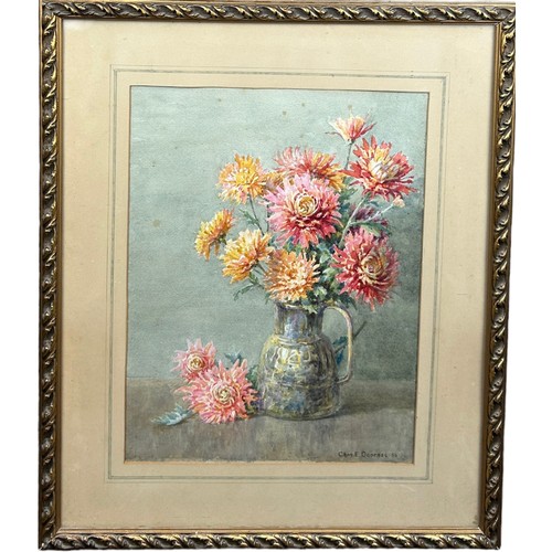 130 - A WATERCOLOUR ON PAPER PAINTING OF CHRYSANTHEMUMS IN A VASE, signed 'Charles E Georges A.R.C.A ' 195... 