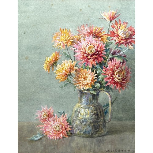 130 - A WATERCOLOUR ON PAPER PAINTING OF CHRYSANTHEMUMS IN A VASE, signed 'Charles E Georges A.R.C.A ' 195... 