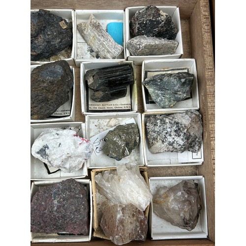 27 - A GREGORY BOTTLEY CASED COLLECTION OF MINERAL AND ROCK SPECIMENS, 

Three wooden trays contained in ... 