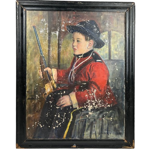 164 - JOHN JOWITT (BRITISH 1904-1996) AN OIL ON CANVAS OF A YOUNG BOY DRESSED AS A SOLDIER, 

Mounted in a... 