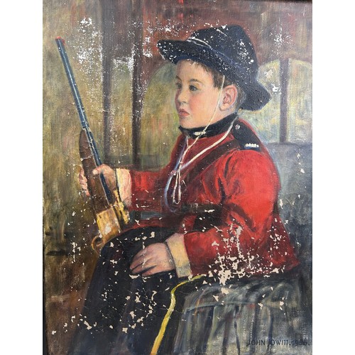 164 - JOHN JOWITT (BRITISH 1904-1996) AN OIL ON CANVAS OF A YOUNG BOY DRESSED AS A SOLDIER, 

Mounted in a... 