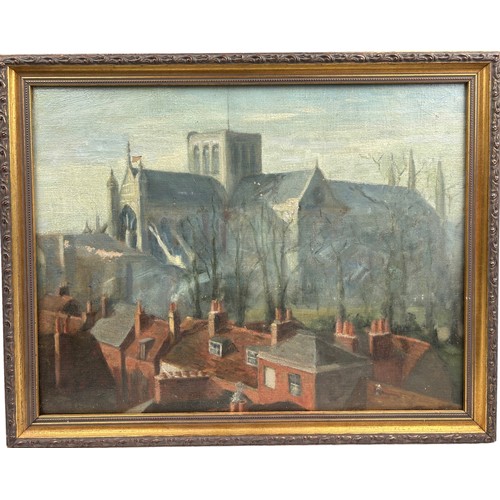 159 - AN OIL ON CANVAS PAINTING OF WINCHESTER CATHEDRAL, mounted in a gilt frame.

44cm x 34cm