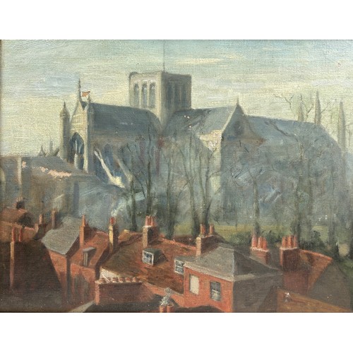 159 - AN OIL ON CANVAS PAINTING OF WINCHESTER CATHEDRAL, mounted in a gilt frame.

44cm x 34cm