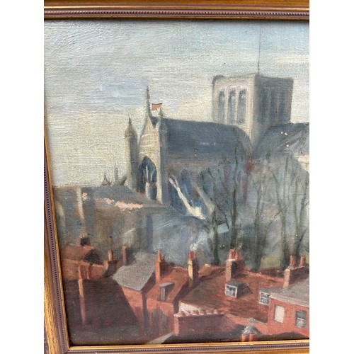 159 - AN OIL ON CANVAS PAINTING OF WINCHESTER CATHEDRAL, mounted in a gilt frame.

44cm x 34cm