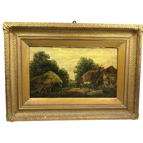 161 - A VICTORIAN OIL ON CANVAS PAINTING OF A FARMHOUSE AND BARN WITH A LADY AND CHILD, mounted in a frame... 