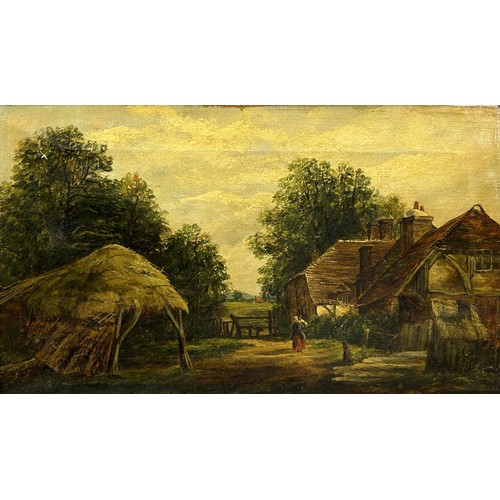 161 - A VICTORIAN OIL ON CANVAS PAINTING OF A FARMHOUSE AND BARN WITH A LADY AND CHILD, mounted in a frame... 