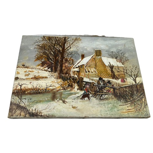 170 - TWO SIMILAR OIL ON CANVAS WINTER SCENES, one depicting a church, the other much smaller depicting a ... 