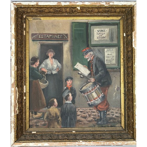 165 - AN EARLY 20TH CENTURY OIL ON CANVAS PAINTING OF A DRUMMER OUTSIDE A CAFE, 

Signed 'B.Iyers' and dat... 